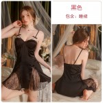 Guiruo satin low cut V-neck with chest pad and lace seductive backless women's suspender nightgown loose robe set 3381