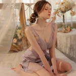 Guiruo Lingerie Sexy Hollow out with Chest Pads, Lace Perspective, Sexy Satin Nightgown, Outer Robe, Nightwear Set J3179