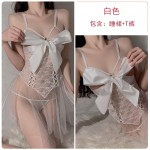 Ruo Ruo Sexy Flower Net Translucent Yarn Seduction Satin Bow Tie Lace Hollow Sweet Beauty Sling Fun Sleepwear 1606