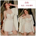 Guiruo Sexy Deep V Satin Collage Perspective Lace and Chest Cushion Strap Temptation PJ Home Suit Set 3128