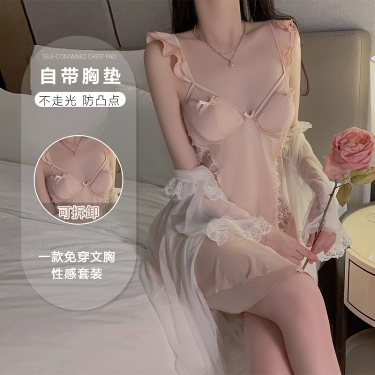 Guiruo Sexy Deep V with Chest Cushion Perspective Lace Collar Flying Sleeves Sleeping Dress Outrobe Women's Home Furnishing Set P3562