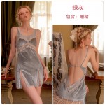 Guiruo Sexy Temptation Open Back Velvet Deep V Lace Ribbon Chest Cushion Suspender Sleeping Dress Outer Robe Home Suit Set 2833