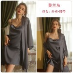 Guiruo Fun Lingerie Sexy Slim Fit Pajamas Open Back Solid Color Hanging Pajama Dress Lace up Outer Robe Women's Home Furnishing Set