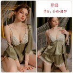 Guiruo Summer Satin Deep V with Chest Pads Spliced Lace Comfortable Style Suspender Shorts Outer Robe Home Set 3551