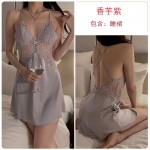 Guiruo Small Chest Pajamas with Ice Silk and Chest Pads Gathered Lace Perspective Sling Sleeping Dress Outer Robe Home Suit Set 3660