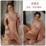 Guiruo Summer Sexy Backless Temptation with Chest Pads Gathered Strap Sleeping Dress Outer Robe Simple Homewear Set 3379