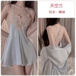 Guiruo Spring/Summer Comfortable Pajamas Open Back Sweet Embroidery Lace Suspended Pajama Dresses Women's Cardigan Home Suit Set 1854