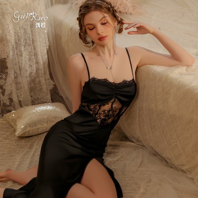 Guiruo Spring/Summer Long Ice Silk Pajamas with Split Temptation Sling Sleepwear Lace Perspective Home Suit Set J3167