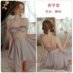 Guiruo Satin Mesh Perspective Lace Chest Cushion Sexy French Suspender Sleeping Dress Comfortable Robe Home Set 3141