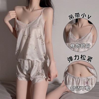 Guiruo Brand Sexy Deep V Attractive Sweet Printed Strap Shorts Two Piece Home Suit Set Issued on behalf of 19070