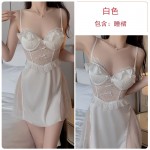 Guiruo Lingerie Satin Low Chest Gathered with Chest Pads Perspective Lace Combination Sleeping Dress Outer Robe Home Suit Set 3128