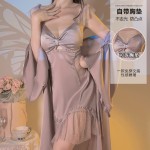 Guiruo Summer Pure Desire Hollow out Temptation with Chest Pads Gathered Strap Sleeping Dress Comfortable Outer Robe Home Suit Set 3226