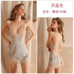 Guiruo Autumn and Winter Sexy Lace Low cut Pajamas with Lace Lace Lace Lace Lace Lace Lace Lace Lace Backless Satin Thin Sling Dress Home Suit Set 966