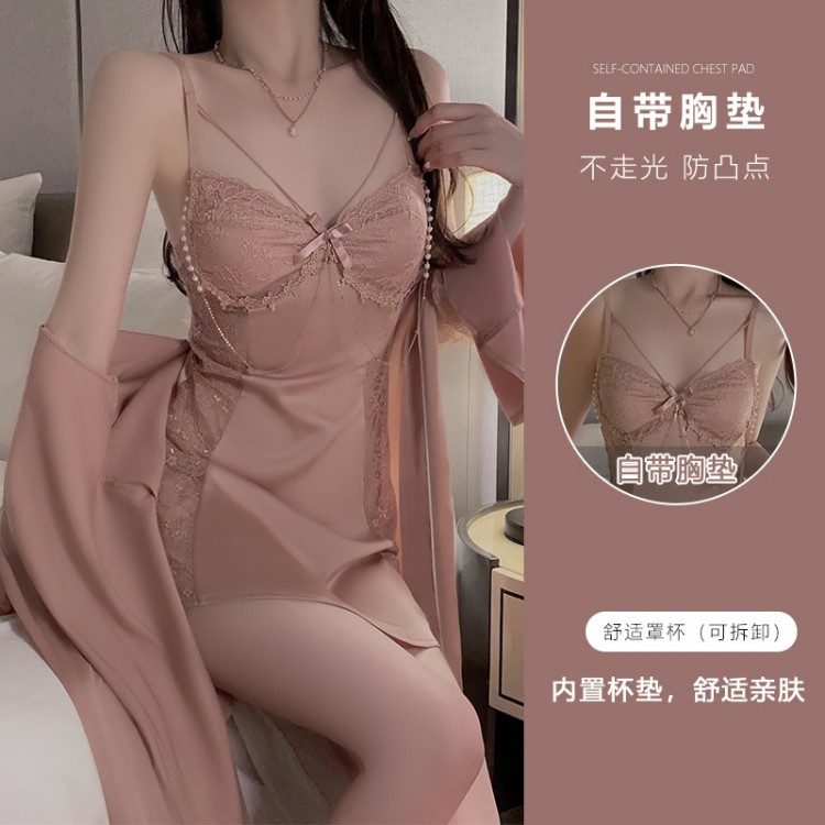 Guiruo Sexy Nightwear Lace Mesh and Chest Pads Gathered Open Back Suspended Nightwear Robe Home Set C3461