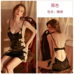 Guiruo Sexy Deep V Hollow out Temptation Lace Lace Lace Nightwear Open Back Pleated Suspended Dress Home Suit Set 1607