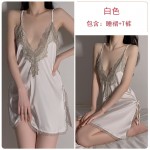 Guiruo Sexy Deep V Satin Lace Suspended Nightgown Sleeping Loose Bridal Nightgown Bathrobe Home Furnishing Set Sent on behalf of 272