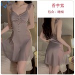 Guiruo Sexy V-neck Low cut gathered and padded with Sweet Lace Perspective Temptation Sleeping Dress Outer Robe Home Suit J3123