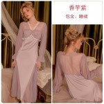 Guiruo New Long Ice Silk Pajamas Women's Court Style Long Sleeve Lace Perspective Pajama Dress Home Suit Set W2805