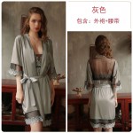 Guiruo Brand's New Spring and Summer Women's Satin Splice Mesh Lace up Nightgown Bathrobe Home Furnishing Set Issued on behalf of 435