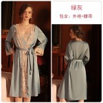 Guiruo Brand Sexy Hot Deep V Satin Lace Suspender Shorts Lace up Outer Robe Nightgown Home Suit Set 992