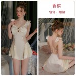 Guiruo Satin Low Chest Gathered with Chest Pads and Collated Yarn Perspective Lace Nightgown Lazy Outrobe Home Suit Set 3464