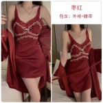 Guiruo Sexy Deep V Satin Lace and Chest Cushion Light Luxury Hanging Strap Sleeping Dress Outer Robe Women's Home Furnishing Set 1187