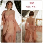 Guiruo Sexy Deep V with Chest Cushion Steel Ring Gathering Perspective Lace Temptation Sleeping Dress Outer Robe Home Suit Set 2679