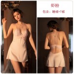 Guiruo Brand Fun Underwear Sexy Deep V Imitation Splice Lace Backless Temptation Sleeping Dress Set 700