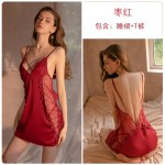 Guiruo Brand's New Sexy Deep V Pajamas Lace Perspective Open Back Suspended Sleepwear Home Suit Set Issued on behalf of 885