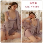 Rose Like Spring and Summer Pure Desire Mesh Perspective Attractive Slim Fit Hanging Strap Sleeping Dress Outer Robe Women's Home Fury Set P3119