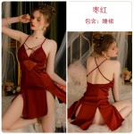 Guiruo Satin Perspective Mesh Sexy V-Neck Close-up Double Split Women's Suspender Sleeping Dress Outerrobe Set 2355