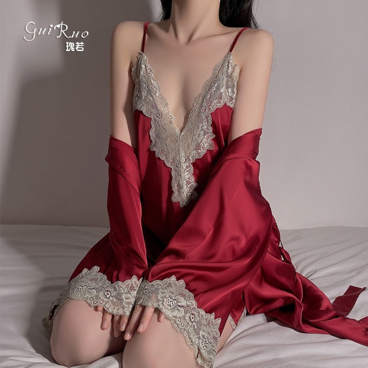 Guiruo Sexy Deep V Lace Satin Nightwear Split Seduction Sling Sleepwear Lace up Outer Robe Home Suit Set 272