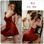 Guiruo Sexy Lace and Chest Cushion Open Back Hollow out Temptation Satin Nightwear Simple Outer Robe Home Suit Set 3420