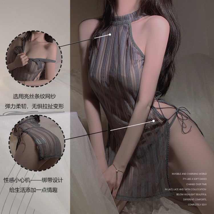 Guiruo Hanging Neck Metal Buckle Stripe Perspective Mesh High Split Strap Sexy Women's Fun Sleeping Dress 3663