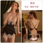 Ruo Ruo Sexy Backless Temptation Strap Solid Ice Silk Pure Desire Wind Lace Suspender Sleeping Dress Home Suit Set 966