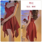 Guiruo Sexy Waist Wrapping Chest Pads Gather Ice Silk Pajamas Pure Desire Wind Small Flying Sleeves Sling Pajama Dress Home Suit J3434