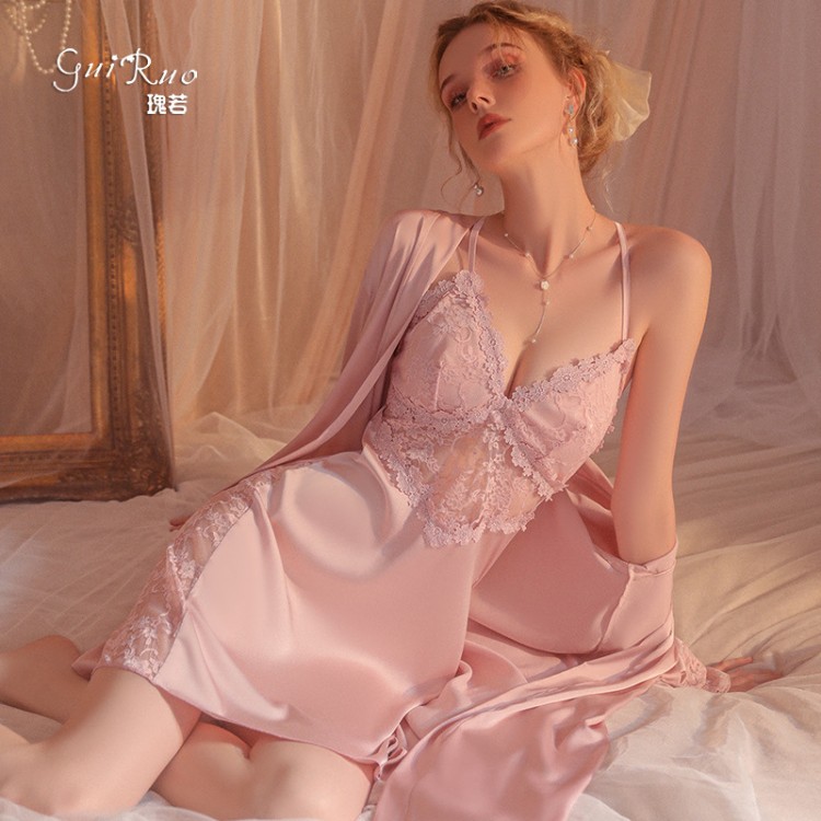 Guiruo Satin Open Back Deep V Pure Lace Pajamas with Chest Pads, Sleeping Skirts, Lace Up Outskirts, Home Fur Set 2744