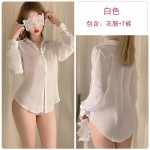 Guiruo Fun Lingerie Women's Sexy Chiffon Perspective Attractive Loose OL Professional Boyfriend Style Shirt Set 202