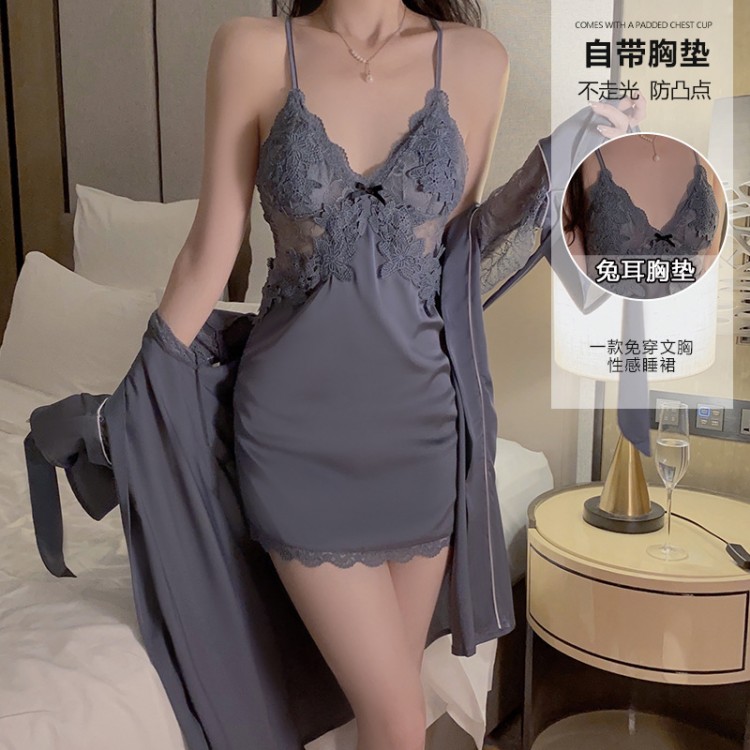 Ruo Ruo Sweet Lace Deep V with Chest Pads Sexy Open Back Silk Smooth Satin Nightgown Outer Robe Home Suit Set 1170