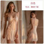 Guiruo Fun Lingerie Sexy Perspective Chest Pad Pajamas Women's Deep V Strap Open Back Pajama Dress Home Suit Set 1425