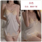 Guiruo Satin Lace Perspective Hollow Out with Chest Cushion Deep V Sexy Backless Nightgown Outrobe Home Suit Set 1048