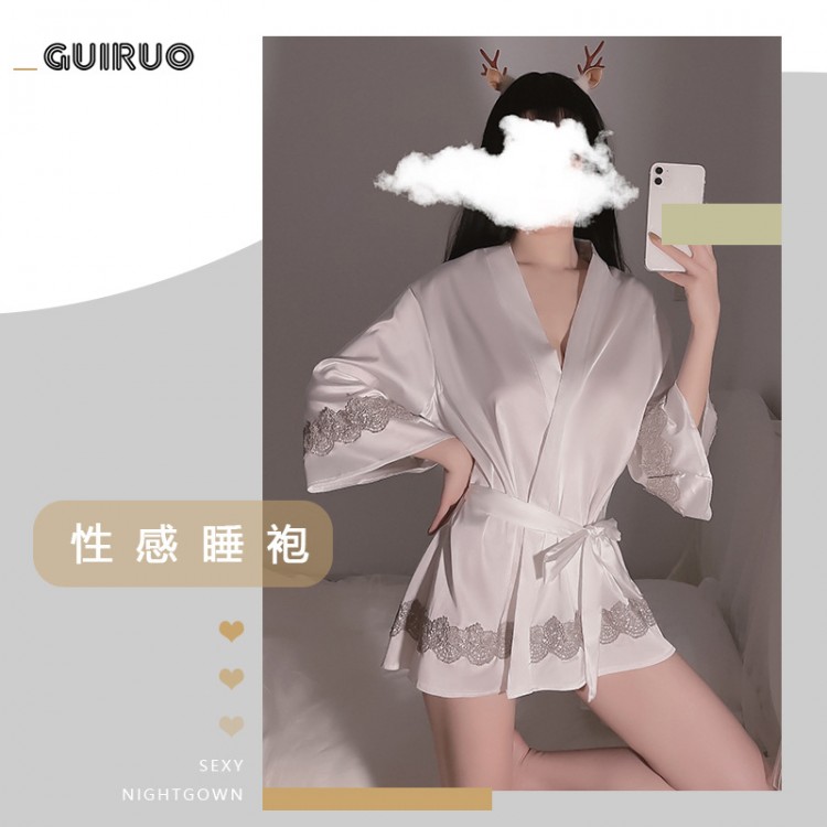 Guiruo satin patchwork embroidered pajamas women's lace up sexy long sleeved pajamas bathrobe temptation home clothing set 400