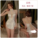 Guiruo Fun Lingerie Sexy Pure Desire Hollow out Classic Standing Neck Plate Buckle Open Back Qipao Stripless Uniform Set 2653