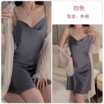 Guiruo minimalist style, solid color, sexy, low cut collar, open back, seductive satin nightgown, outerwear, home clothing set 1477