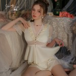 Guiruo Sweet Style Satin Panel Lace Perspective and Chest Cushion Top Shorts Two Piece Home Suit Set 3571