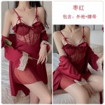 Guiruo Satin Lace and Chest Cushion Steel Ring Gathered and Collated, See-through Seduction Sleeping Dress, Outer Robe, Home Suit Set 2072