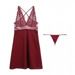 Guiruo New Fun Underwear Imitation Silk Sexy Deep V Lace Temptation Sling Dress Sleepwear Home Suit Set 255