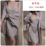 Guiruo Satin Embroidery Lace Perspective Low cut Gathering with Chest Pads Sexy Sleeping Skirt Outer Robe Home Suit Set 3559