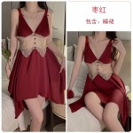 Rose Ruosi Smooth Satin Lace Perspective Deep V Open Back Temptation Sling Sleeping Dress Outrobe Women's Home Set J2413