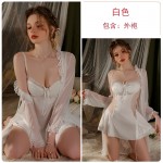 Guiruo Sexy V-neck with Chest Cushion Satin Collar Collar Collar Collar Collar Collar Collar Collar Collar Collar, Perspective Suspender, Sleeping Dress, Mesh Outer Robe, Women's Home Set 3419